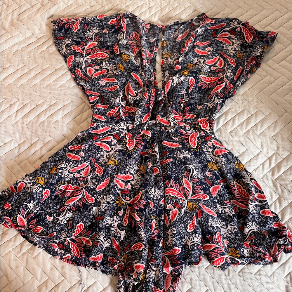 Floral Romper with Red and White Pattern
